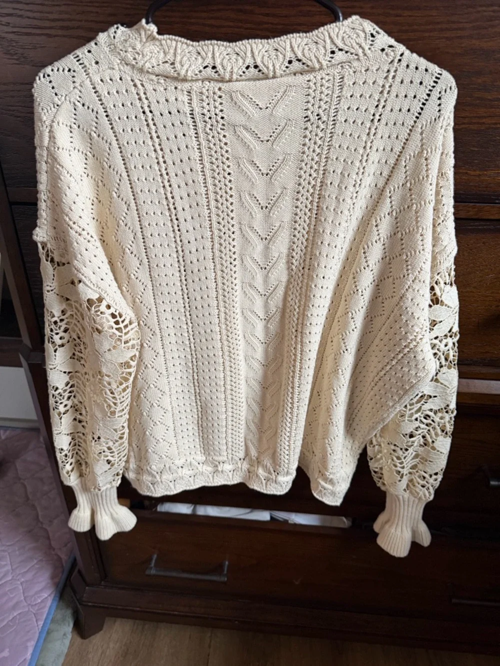 Open-Knit Cream Cable & Lace-Sleeve Sweater - Picture 1 of 7